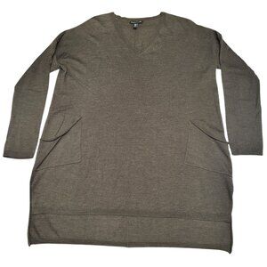 Eileen Fisher Merino Wool V-Neck Pocket Sweater Women's XS Dark Olive Green